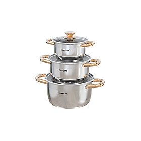 Bộ nồi inox Impact Sunhouse Healthy SHG781E -Gồm 3 nồi 16-20-24cm - Đáy phẳng hoàn hảo - Hiệu suất bắt từ 98%