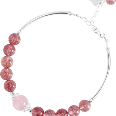 Vòng tay đá thạch anh dâu phối charm ống bạc mệnh hỏa, thổ - Ngọc Quý Gemstones