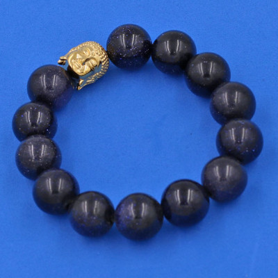 Vòng đeo tay đá Lam Sa 14 ly cẩn hạt Phật A Di Đà inox vàng VLSNLV14