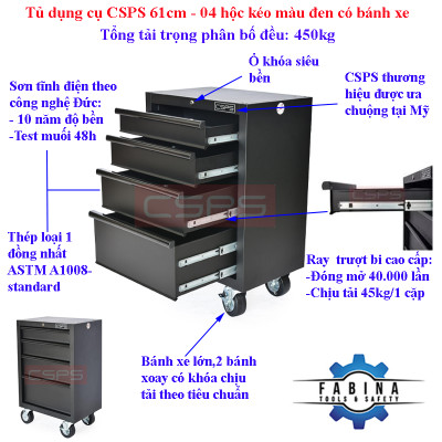 Tủ dụng cụ CSPS 61cm - 04 hộc kéo màu đen có bánh xe