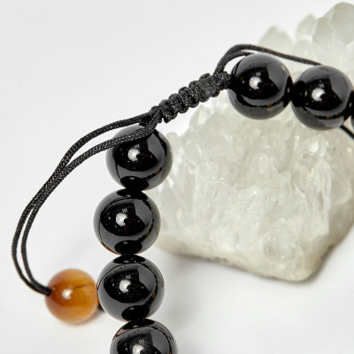 Vòng kết dây đá thạch anh mắt hổ vàng nâu phối obsidian và charm phật hạt 10mm - Ngọc Quý Gemstones