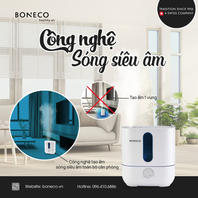 Máy Phun Sương Tạo Ẩm Cao Cấp BONECO U200 Khuếch Tán/Xông Tinh Dầu, Bộ Lọc Kháng Khuẩn Chống Viêm Mũi Cho Trẻ Em, Giữ Ẩm Da (<30m2) - Hàng Nhập Khẩu