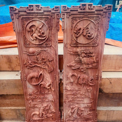 TRANH Cặp câu đối khắc chữ cha mẹ gỗ hương đá kt 30×97×3.5cm