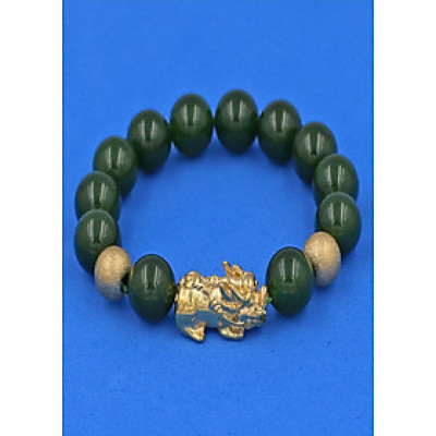 Chuỗi đeo tay Thạch Anh Xanh Rêu 12 ly - cẩn Tỳ Hưu Phong Thủy inox vàng VTAXRTHHBV12