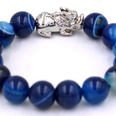 Chuỗi đeo tay thạch anh xanh dương sọc 12 ly - cẩn Tỳ Hưu inox VTAXDSTHT12 - kèm hộp nhung - hợp mệnh Mộc, mệnh Thủy