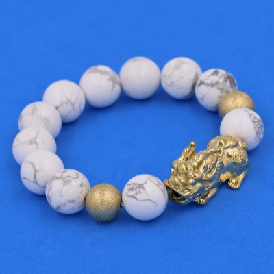 Vòng chuỗi đeo tay đá howlite 14 ly ( size lớn ) charm tỳ hưu và bi inox vàng, vòng tay chuỗi hạt