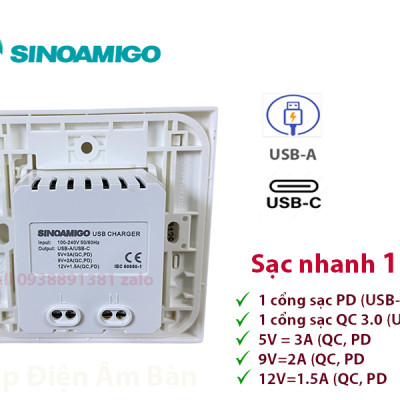 Sinoamigo P21-QC1: Ổ Cắm Sạc USB type  Âm Tường - Tích hợp 1 cổng USB type C, 1 cổng USb type A. Sạc nhanh 18W- Đa Năng và Tiện Lợi