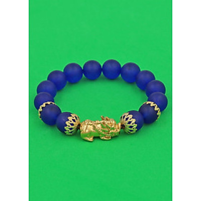 Vòng đeo tay Thạch Anh Xanh Dương mờ 12 ly - cẩn Tỳ Hưu Phong Thủy inox vàng VTAXDMTHBKV12