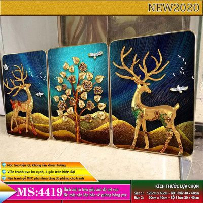 Bộ tranh treo tường 3 tấm trang trí phòng khách, phòng ngủ phong cách mỹ thuật hiện đại chất liệu cán pvc gương:4419L15S