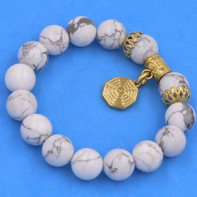 Chuỗi vòng tay Đá White Howlite 12 ly - Vòng tay Bát Quái inox vàng VHWLBQHKV12 - hợp mệnh Kim, mệnh Thủy