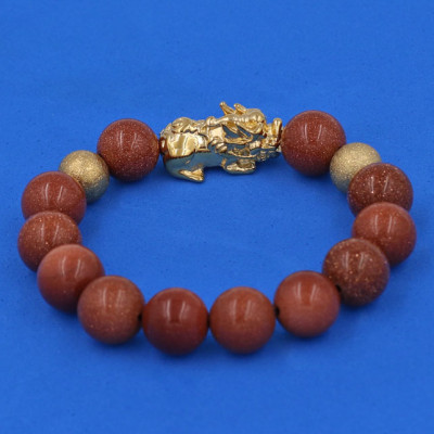 Chuỗi đeo tay Đá Kim Sa 12 ly - cẩn Tỳ Hưu Phong Thủy inox vàng VKSTHHBV12 - hợp mệnh Thổ, mệnh Mộc