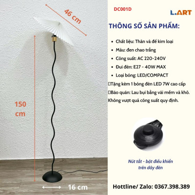 Đèn cây đứng decor đọc sách, đèn ngủ cho phòng ngủ, phòng khách kiểu sóng lượn Hàn Quốc màu đen DC001D