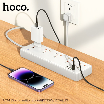 Ổ cắm điện cao cấp đa năng công suất cao 2500W, với 3 cổng USB và 1 cổng Type-c, 5 ổ cắm tiện lợi hỗ trợ sạc nhanh chống cháy, nổ AC14 - Hàng nhập khẩu (màu ngẫu nhiên)
