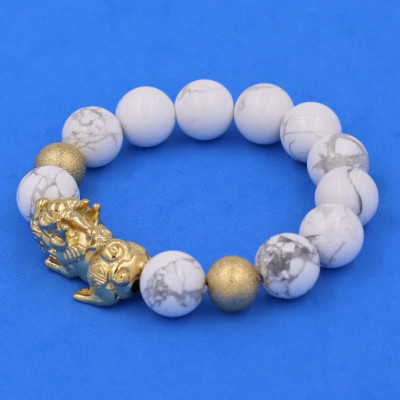 Vòng chuỗi đeo tay đá howlite 14 ly ( size lớn ) charm tỳ hưu và bi inox vàng, vòng tay chuỗi hạt