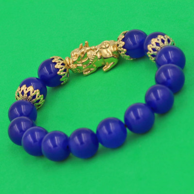 Vòng tay Thạch Anh Xanh Dương 12 ly - cẩn Tỳ Hưu Phong Thủy inox vàng VTAXDTHBKV12