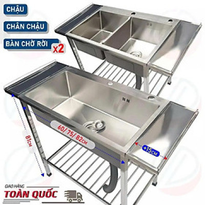 COMBO Chậu Rửa Chén Bát Có Kệ Chân Nhiều Kích Thước Lắp Thêm 2 Bàn Chờ Rộng Rãi - Gồm chậu, xi phông, kệ chân, 2 bàn rời