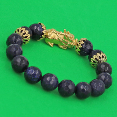 Chuỗi đeo tay Đá Lam Sa Cắt Giác 12 ly - cẩn Tỳ Hưu Phong Thủy Chiêu Tài Lộc inox vàng VLSGTHBKV12 - hợp mệnh Mộc, mệnh Thủy