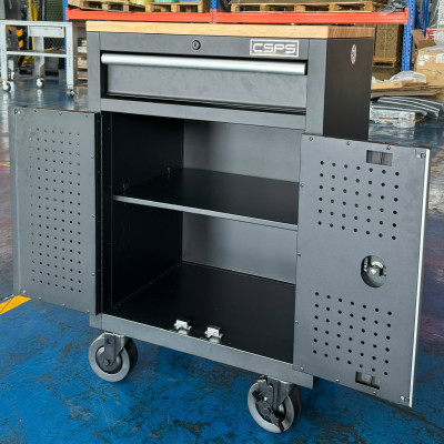 Tủ dụng cụ CSPS 61cm - 01 hộc kéo màu đen bánh xe ván gỗ (tay cầm trắng)