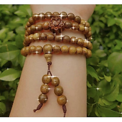 Vòng đeo tay nữ gỗ trầm mix bông hoa sen kiểu quấn tay 4 vòng may mắn tài lộc Size hạt 6mm Màu vàng nâu vân mùi thơm nhẹ ạ