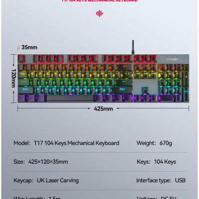 Bàn Phím cơ T-Wolf T17, Blue Switch, USB, LED, 104 Gaming - Hàng chính hãng