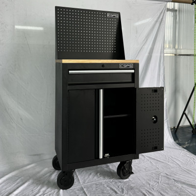 Tủ dụng cụ CSPS 61cm - 01 hộc kéo màu đen bánh xe ván gỗ vách lưới (tay cầm trắng)