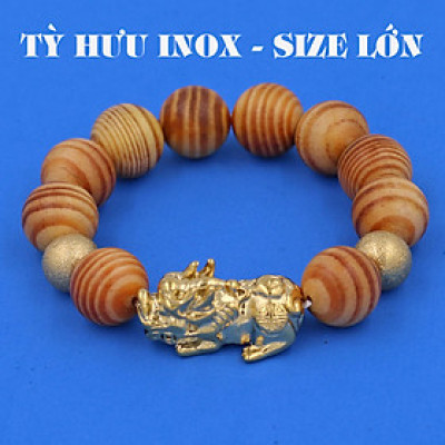 Vòng chuỗi đeo tay gỗ huyết rồng 15 ly ( size lớn ) charm tỳ hưu và bi inox, vòng tay chuỗi hạt