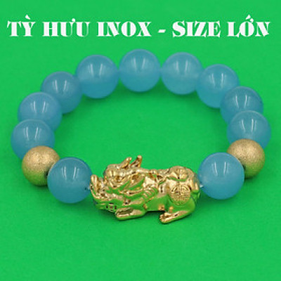 Vòng chuỗi đeo tay đá thạch anh xanh biển 14 ly ( size lớn ) charm tỳ hưu và bi inox vàng, vòng tay chuỗi hạt