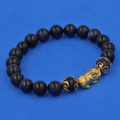 Chuỗi đeo tay Đá Lam Sa 8 ly - cẩn Tỳ Hưu Phong Thủy inox vàng VLSTHHKV8