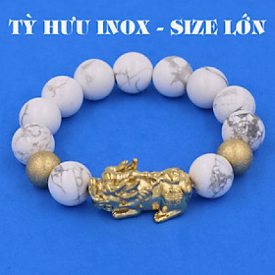 Vòng chuỗi đeo tay đá howlite 14 ly ( size lớn ) charm tỳ hưu và bi inox vàng, vòng tay chuỗi hạt