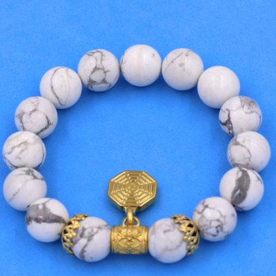 Chuỗi vòng tay Đá White Howlite 12 ly - Vòng tay Bát Quái inox vàng VHWLBQHKV12 - hợp mệnh Kim, mệnh Thủy