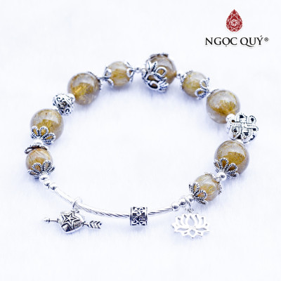 Vòng thạch anh tóc vàng phối lu thống charm bạc hạt 8mm mệnh thủy, kim - Ngọc Quý Gemstones