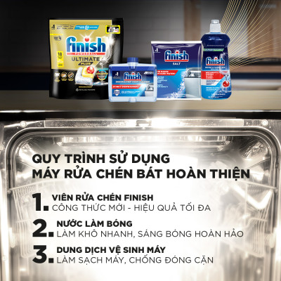 Combo Finish: Viên rửa chén Ultimate 18 viên + Nước làm bóng 500ml + Muối rửa chén 1kg