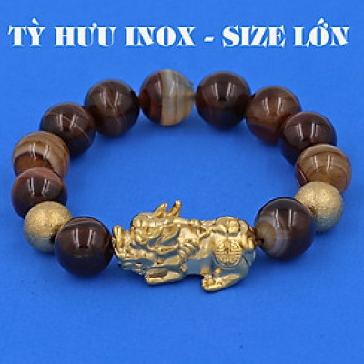 Vòng chuỗi đeo tay mã não nâu sọc 14 ly ( size lớn ) charm tỳ hưu và bi inox vàng, vòng tay chuỗi hạt