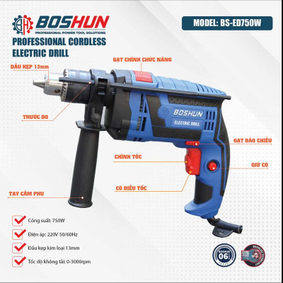 Máy Khoan Điện Cầm Tay BOSHUN - Máy Khoan Điện Cầm Tay Công Suất Lớn 750W- Đầu Kẹp 13 mm Cực Khoẻ Tiện Lợi