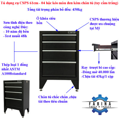 Tủ dụng cụ CSPS 61cm - 04 hộc kéo màu đen kèm chân tủ (tay cầm trắng)
