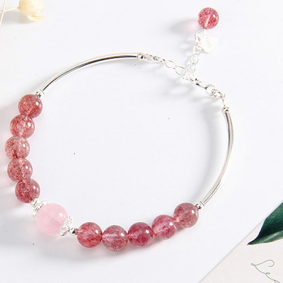 Vòng tay đá thạch anh dâu phối charm ống bạc mệnh hỏa, thổ - Ngọc Quý Gemstones