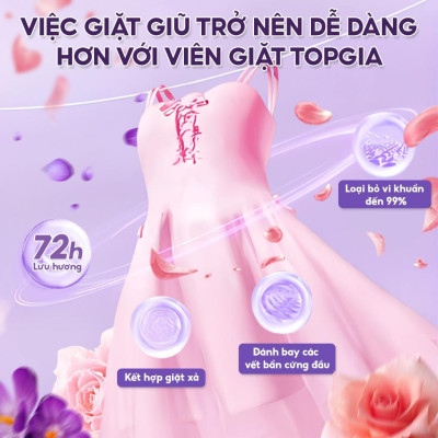 Viên giặt xả quần áo thơm lâu TopGia 3in1, hương hoa hồng và lavender,  giặt sạch, tiết kiệm