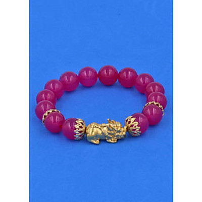 Chuỗi đeo tay Thạch Anh Hồng 12 ly - cẩn Tỳ Hưu Phong Thủy inox vàng VTAHOTHBKV12