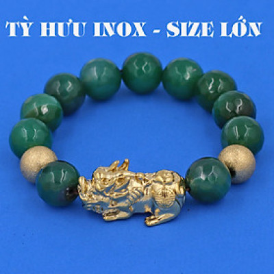 Vòng chuỗi đeo tay mã não xanh lá cắt giác 14 ly ( size lớn ) charm tỳ hưu và bi inox vàng, vòng tay chuỗi hạt