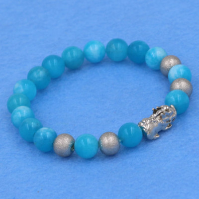 Chuỗi đeo tay ngọc tủy xanh biển 8 ly - cẩn Tỳ Hưu inox bạc VNTXBTHTB8 - hợp mệnh Mộc, mệnh Thủy