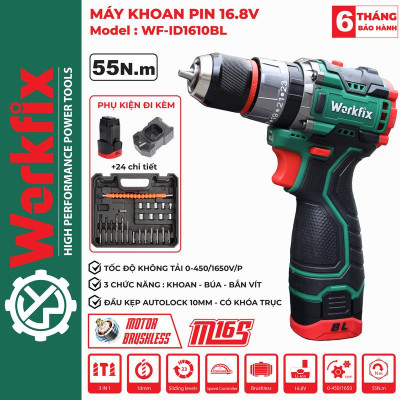 [ TẶNG phụ kiện 24 món] Máy Khoan 3 Chức Năng Workfix 16.8V - WF-ID1610BL - Động Cơ Từ Cao Cấp - 2 Pin 4 Cell  16.8V/2Ah