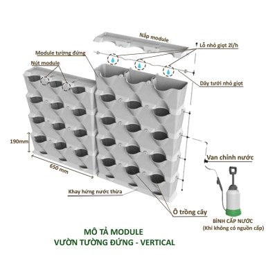Khung Trồng cây ban công đứng Minigarden Vertical phong cách Châu Âu (1m2 gồm 8 module + 1 khay hứng nước) Kèm hệ thống tưới nhỏ giọt. Với 1 module trồng được 3 hóc cây. Thích hợp cho cả trồng rau sạch đứng