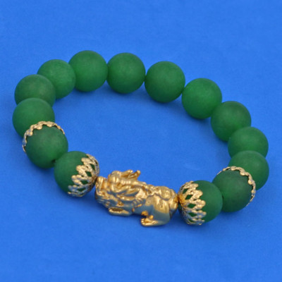 Chuỗi đeo tay Thạch Anh Xanh Lá mờ 12 ly - cẩn Tỳ Hưu Phong Thủy inox vàng VTAXLMTHBKV12