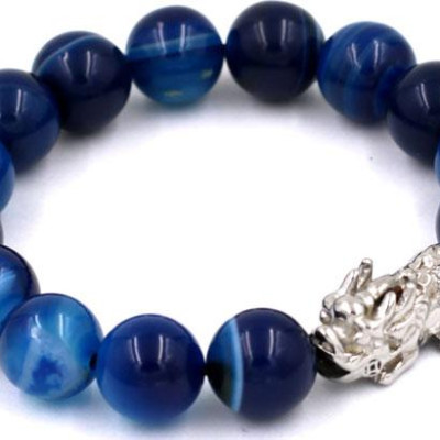 Chuỗi đeo tay thạch anh xanh dương sọc 12 ly - cẩn Tỳ Hưu inox VTAXDSTHT12 - kèm hộp nhung - hợp mệnh Mộc, mệnh Thủy