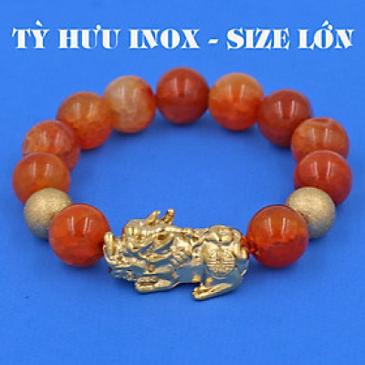 Vòng chuỗi đeo tay mã não vân rạn cam 14 ly ( size lớn ) charm tỳ hưu và bi inox vàng, vòng tay chuỗi hạt