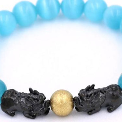 Vòng đeo tay Đá Mắt Mèo Xanh Da Trời size 8 ly, 10 ly, 12 ly - Vòng tay Tỳ Hưu Đôi inox đen VMMXBTHHEV8 - hợp mệnh Mộc, mệnh Thủy