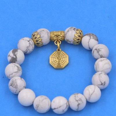 Chuỗi vòng tay Đá White Howlite 12 ly - Vòng tay Bát Quái inox vàng VHWLBQHKV12 - hợp mệnh Kim, mệnh Thủy
