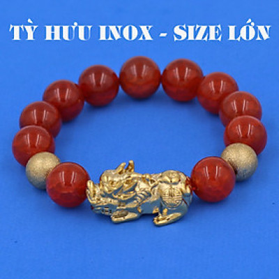 Vòng chuỗi đeo tay mã não vân rạn đỏ 14 ly ( size lớn ) charm tỳ hưu và bi inox vàng, vòng tay chuỗi hạt