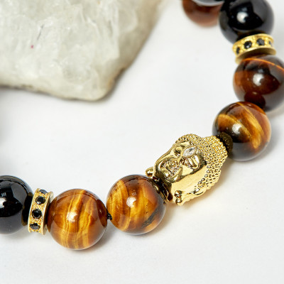Vòng kết dây đá thạch anh mắt hổ vàng nâu phối obsidian và charm phật hạt 10mm - Ngọc Quý Gemstones