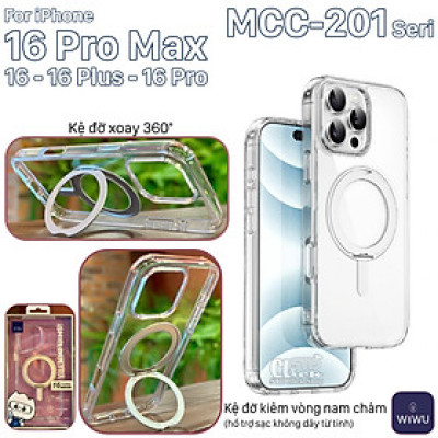 Ốp lưng cho iPhone 17 Pro Max / 17 Pro / 17 Air / 17 / 16 Pro Max - 16 Pro - 16 Plus - 16 hiệu WI WU MCC-201 nhựa cứng trong viền dẻo + vòng nam châm kiêm giá đỡ - Hàng chính hãng